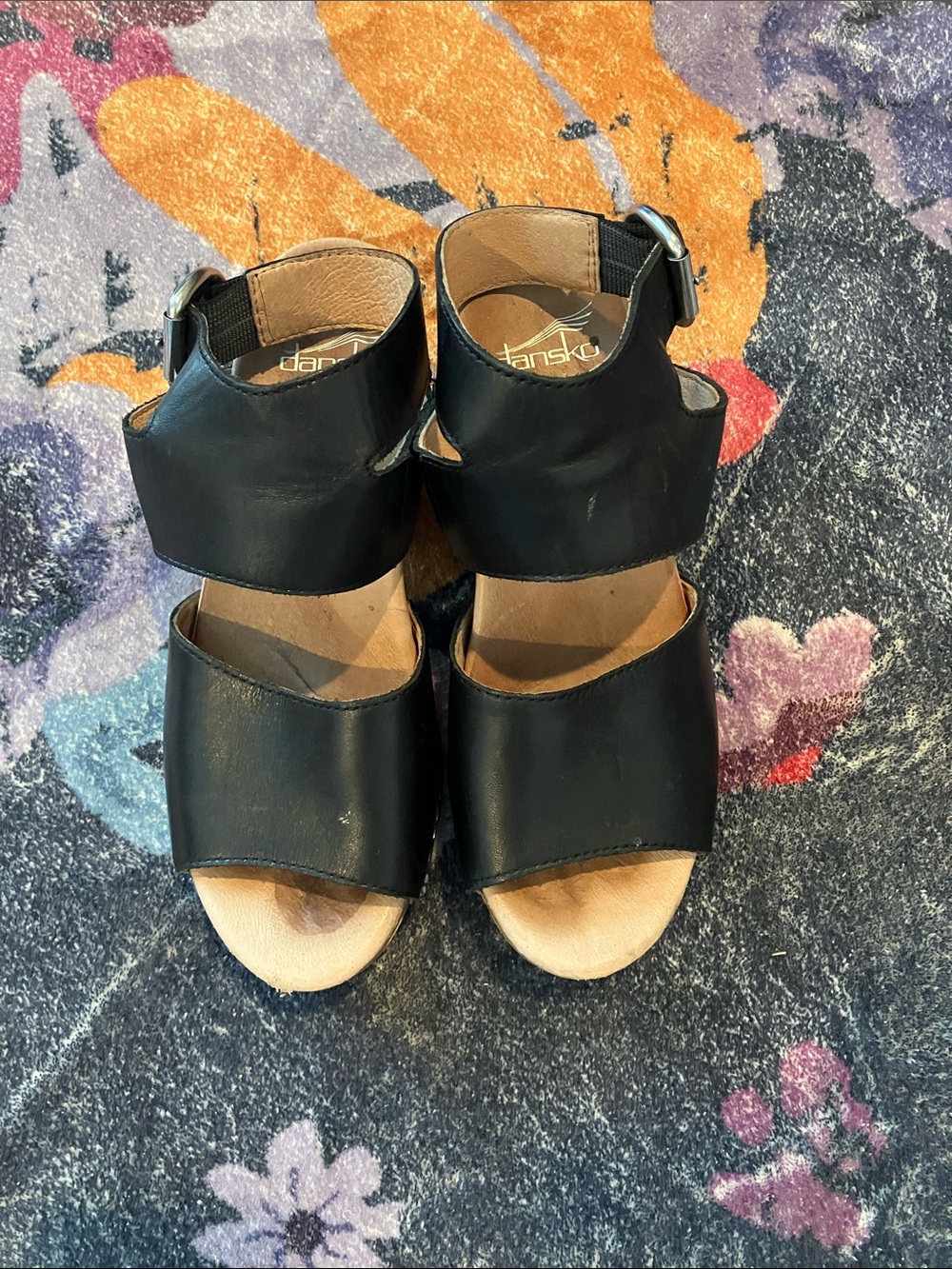 Dansko Black Leather Double-Strap Wedge Sandals size 37